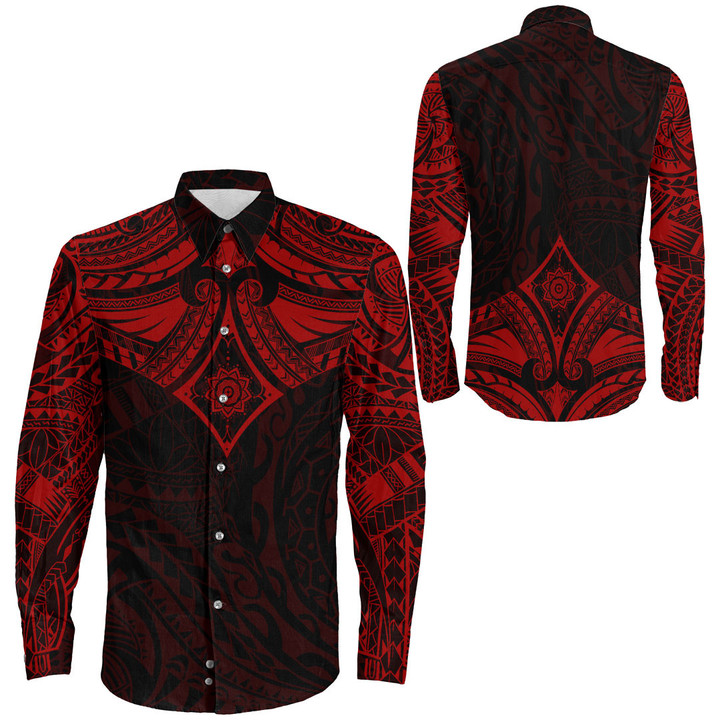 RugbyLife Clothing - Polynesian Tattoo Style Flower - Red Version Long Sleeve Button Shirt A7 | RugbyLife