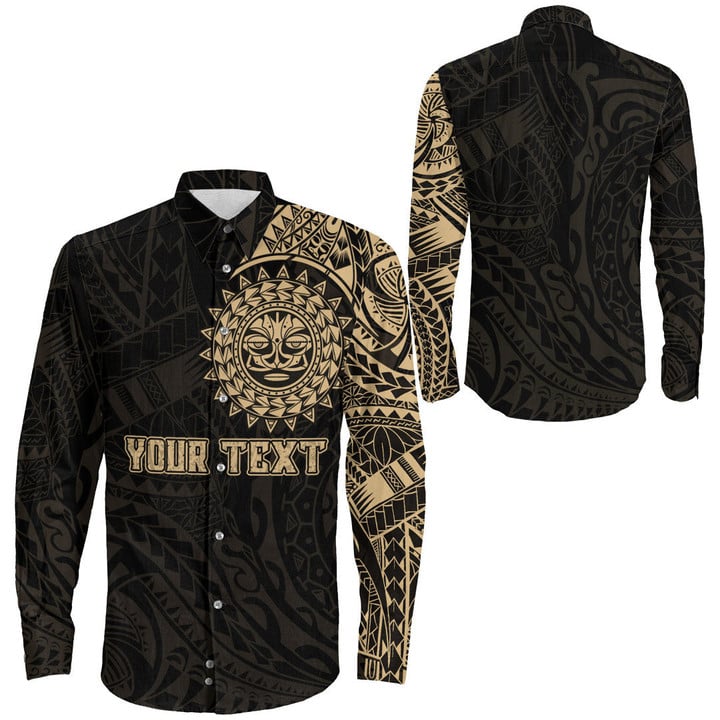 RugbyLife Clothing - (Custom) Polynesian Sun Tattoo Style - Gold Version Long Sleeve Button Shirt A7 | RugbyLife