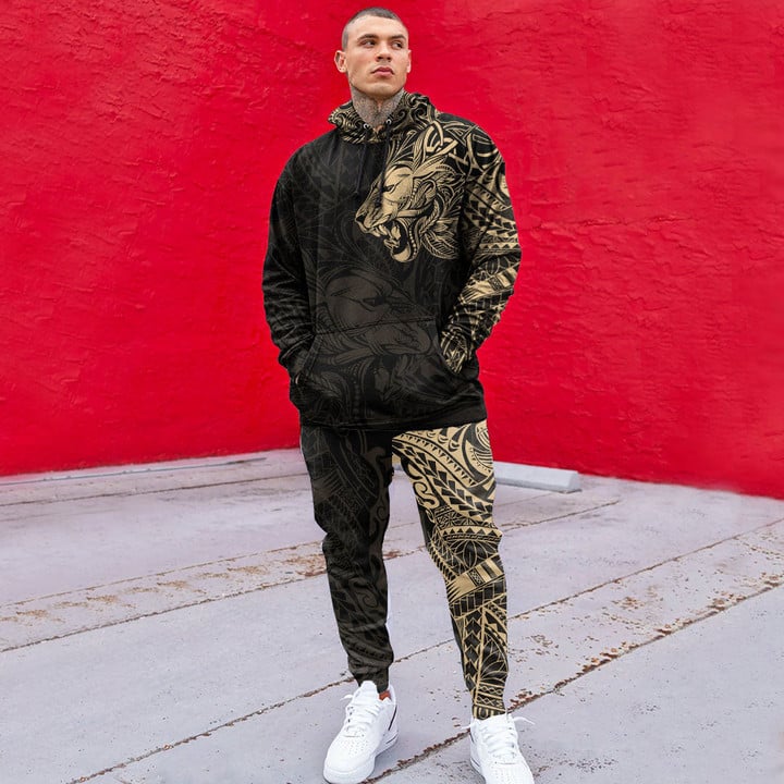 RugbyLife Clothing - Polynesian Tattoo Style Tribal Lion - Gold Version Hoodie and Joggers Pant A7 | RugbyLife