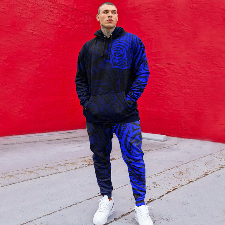 RugbyLife Clothing - (Custom) Polynesian Tattoo Style - Blue Version Hoodie and Joggers Pant A7 | RugbyLife