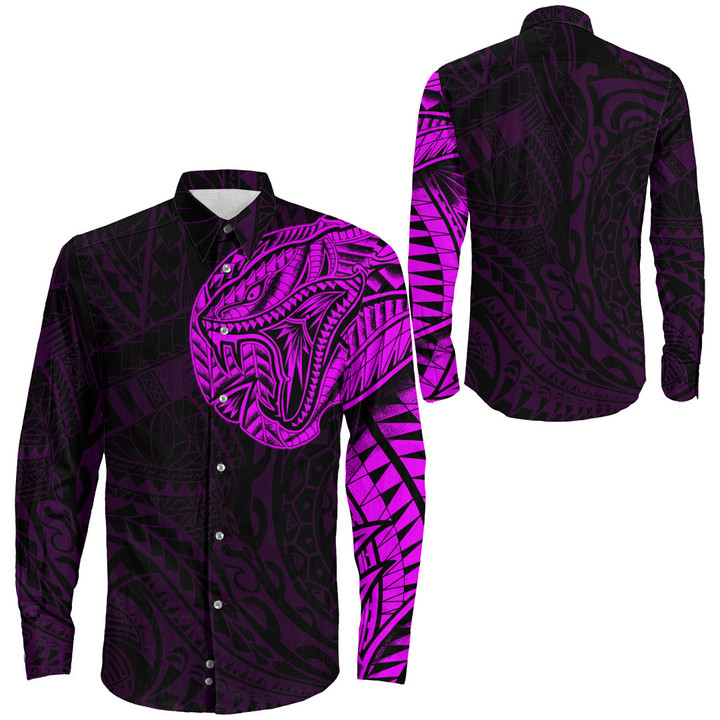 RugbyLife Clothing - Polynesian Tattoo Style Snake - Pink Version Long Sleeve Button Shirt A7 | RugbyLife