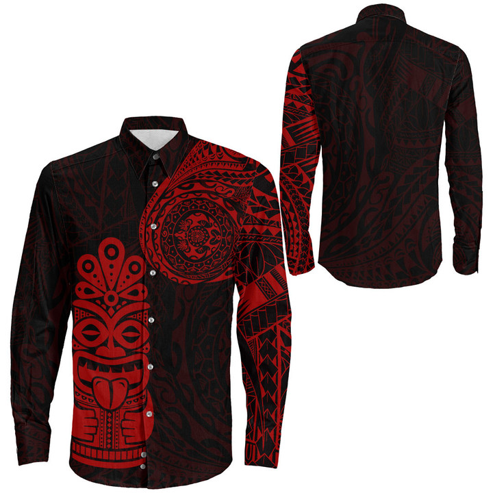 RugbyLife Clothing - Polynesian Tattoo Style Tiki - Red Version Long Sleeve Button Shirt A7 | RugbyLife