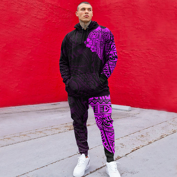RugbyLife Clothing - Polynesian Tattoo Style Melanesian Style Aboriginal Tattoo - Pink Version Hoodie and Joggers Pant A7 | RugbyLife