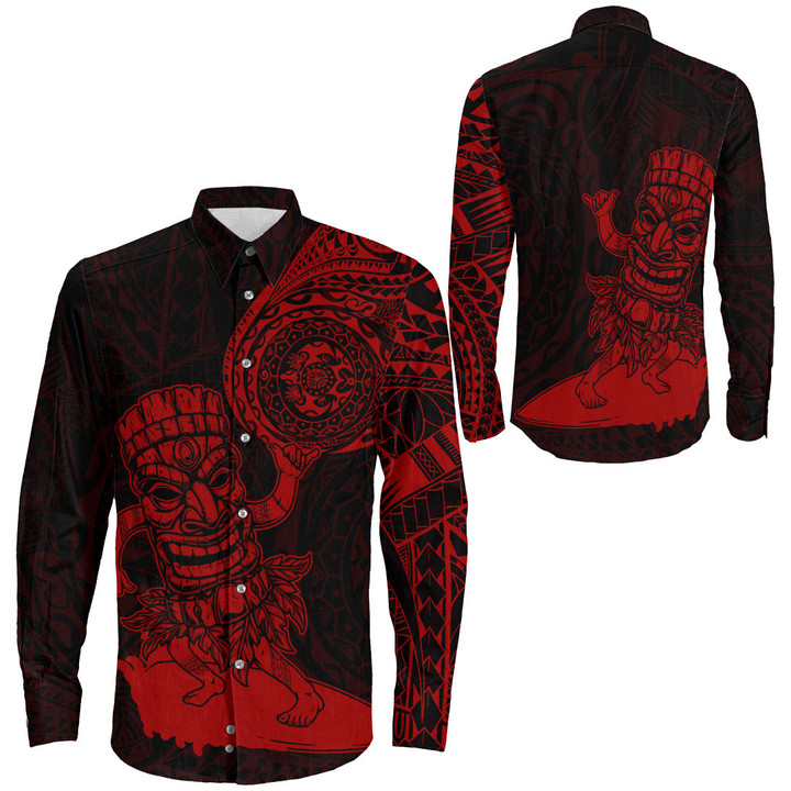RugbyLife Clothing - Polynesian Tattoo Style Tiki Surfing - Red Version Long Sleeve Button Shirt A7 | RugbyLife