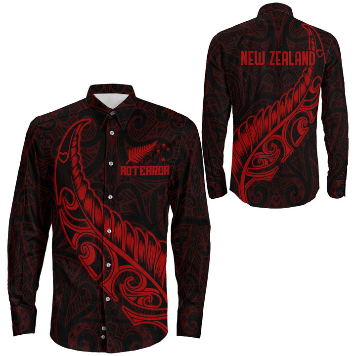 RugbyLife Clothing - New Zealand Aotearoa Maori Fern - Red Version Long Sleeve Button Shirt A7 | RugbyLife