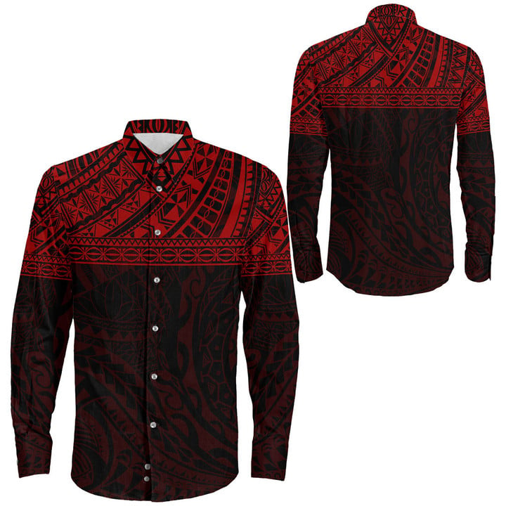 RugbyLife Clothing - Polynesian Tattoo Style - Red Version Long Sleeve Button Shirt A7 | RugbyLife