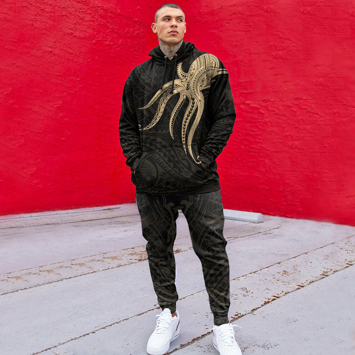RugbyLife Clothing - Polynesian Tattoo Style Octopus Tattoo - Gold Version Hoodie and Joggers Pant A7 | RugbyLife
