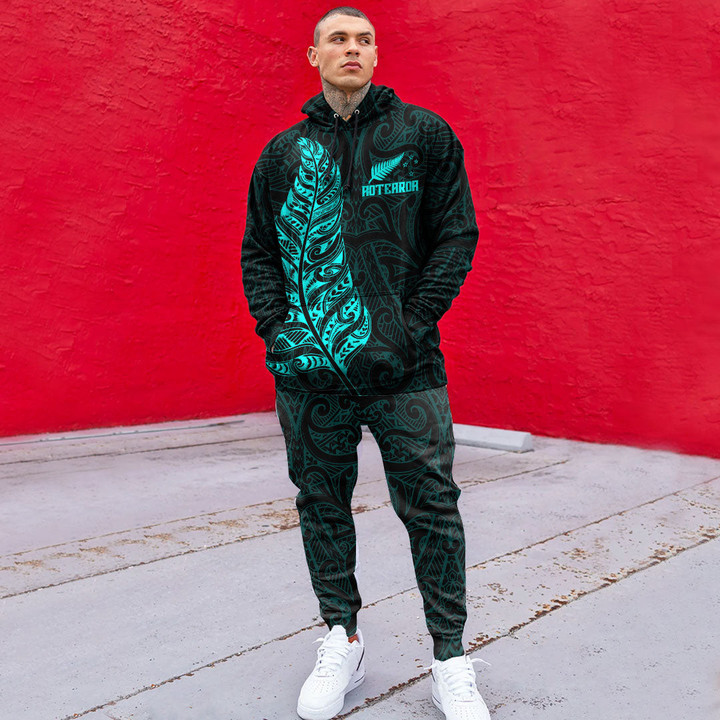RugbyLife Clothing - New Zealand Aotearoa Maori Silver Fern - Cyan Version Hoodie and Joggers Pant A7 | RugbyLife