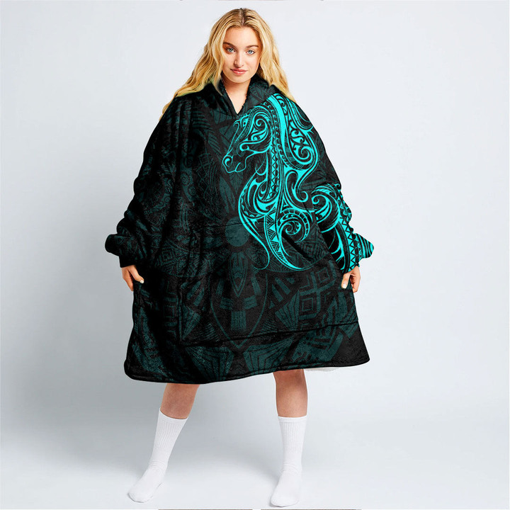 RugbyLife Clothing - Polynesian Tattoo Style Horse - Cyan Version Snug Hoodie A7 | RugbyLife