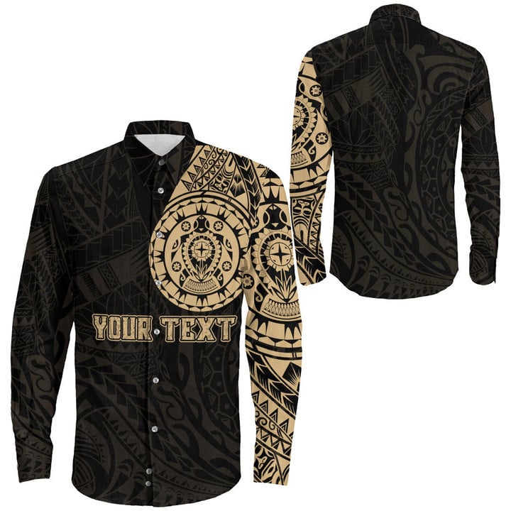 RugbyLife Clothing - (Custom) Polynesian Tattoo Style Turtle - Gold Version Long Sleeve Button Shirt A7 | RugbyLife