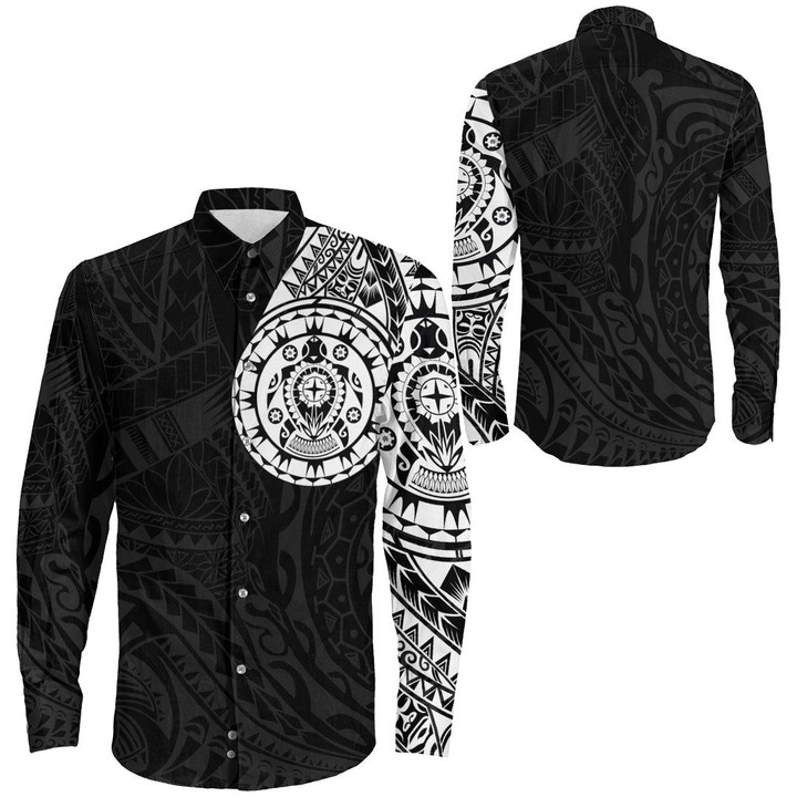 RugbyLife Clothing - Polynesian Tattoo Style Turtle Long Sleeve Button Shirt A7 | RugbyLife