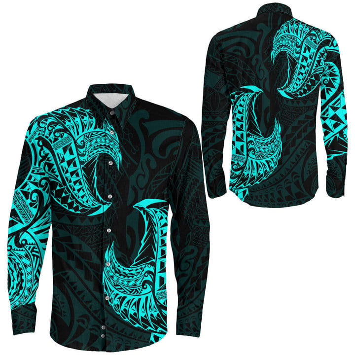 RugbyLife Clothing - Polynesian Tattoo Style Tatau - Cyan Version Long Sleeve Button Shirt A7 | RugbyLife