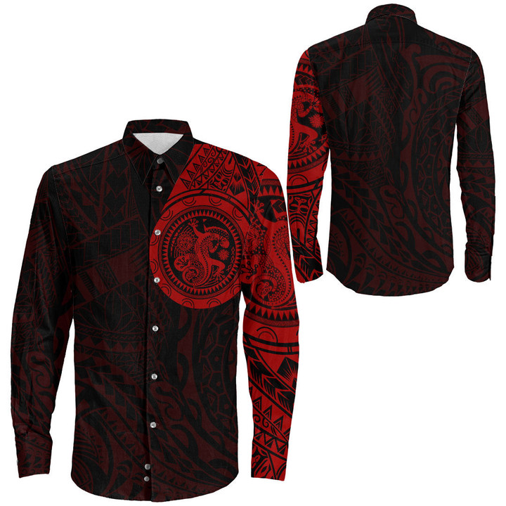 RugbyLife Clothing - Lizard Gecko Maori Polynesian Style Tattoo - Red Version Long Sleeve Button Shirt A7 | RugbyLife