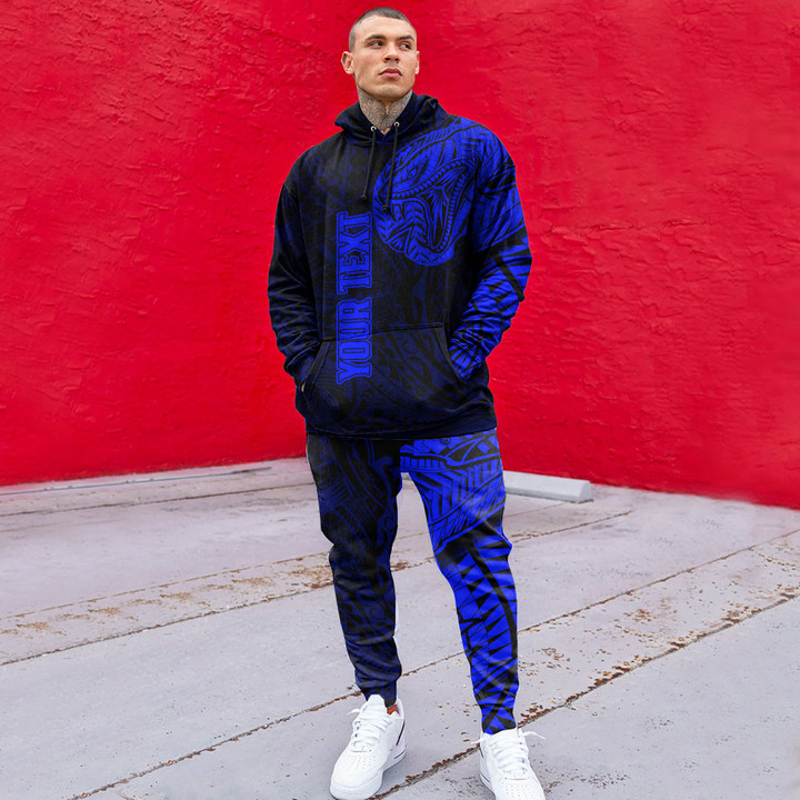 RugbyLife Clothing - (Custom) Polynesian Tattoo Style Snake - Blue Version Hoodie and Joggers Pant A7 | RugbyLife
