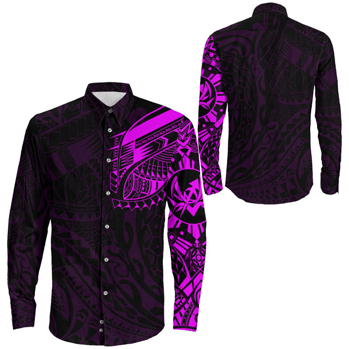 RugbyLife Clothing - Polynesian Tattoo Style Tatau - Pink Version Long Sleeve Button Shirt A7 | RugbyLife