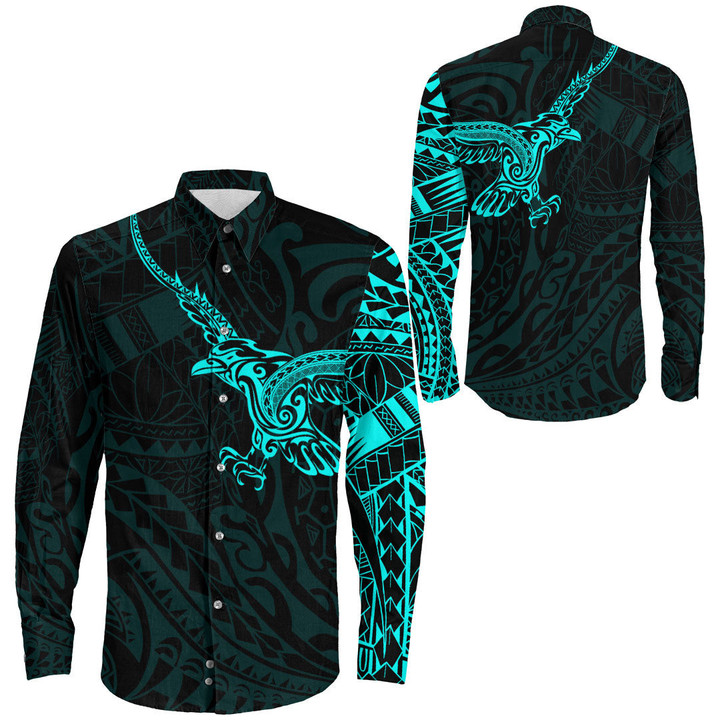 RugbyLife Clothing - Polynesian Tattoo Style Crow - Cyan Version Long Sleeve Button Shirt A7 | RugbyLife