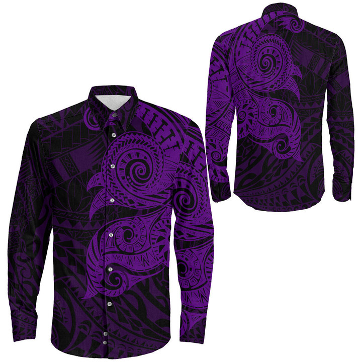 RugbyLife Clothing - Polynesian Tattoo Style Tatau - Purple Version Long Sleeve Button Shirt A7 | RugbyLife
