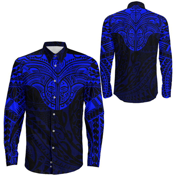 RugbyLife Clothing - Polynesian Tattoo Style Tattoo - Blue Version Long Sleeve Button Shirt A7 | RugbyLife
