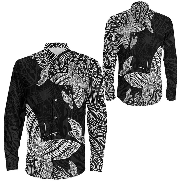 RugbyLife Clothing - Polynesian Tattoo Style Butterfly Special Version Long Sleeve Button Shirt A7 | RugbyLife