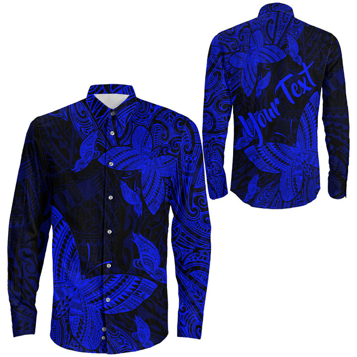 RugbyLife Clothing - (Custom) Polynesian Tattoo Style Butterfly Special Version - Blue Version Long Sleeve Button Shirt A7 | RugbyLife