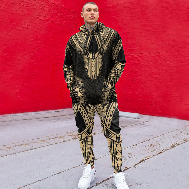 RugbyLife Clothing - Polynesian Tattoo Style - Gold Version Hoodie and Joggers Pant A7 | RugbyLife