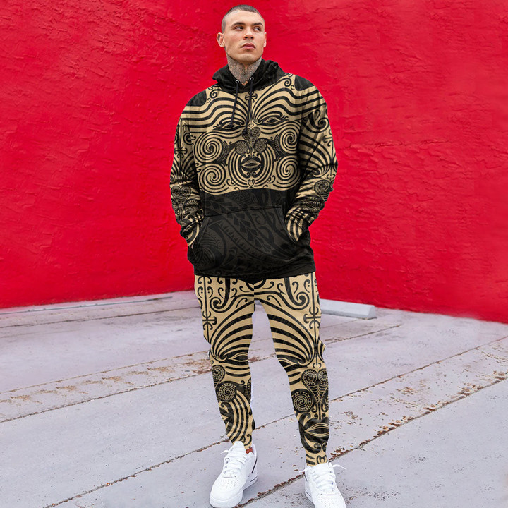 RugbyLife Clothing - Polynesian Tattoo Style Maori Traditional Mask - Gold Version Hoodie and Joggers Pant A7 | RugbyLife