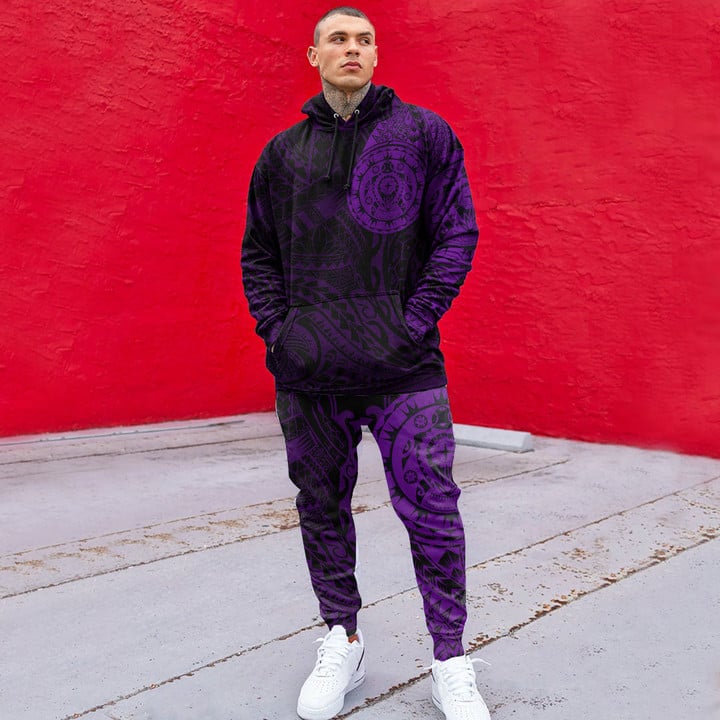 RugbyLife Clothing - Polynesian Tattoo Style Turtle - Purple Version Hoodie and Joggers Pant A7 | RugbyLife
