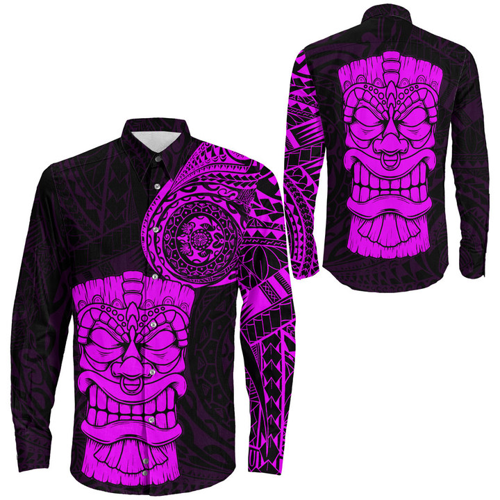 RugbyLife Clothing - Polynesian Tattoo Style Tiki - Pink Version Long Sleeve Button Shirt A7 | RugbyLife