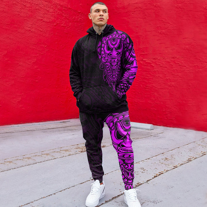 RugbyLife Clothing - Polynesian Tattoo Style Mask Native - Pink Version Hoodie and Joggers Pant A7 | RugbyLife