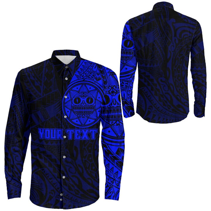 RugbyLife Clothing - (Custom) Polynesian Tattoo Style Sun - Blue Version Long Sleeve Button Shirt A7 | RugbyLife