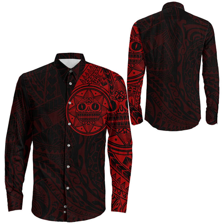 RugbyLife Clothing - Polynesian Tattoo Style Sun - Red Version Long Sleeve Button Shirt A7 | RugbyLife