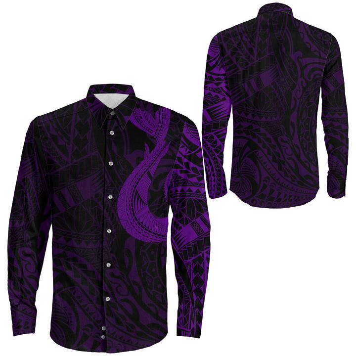 RugbyLife Clothing - Polynesian Tattoo Style Hook - Purple Version Long Sleeve Button Shirt A7 | RugbyLife