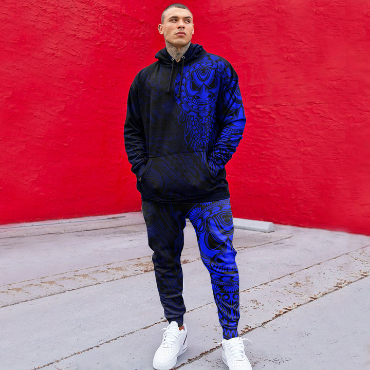 RugbyLife Clothing - Polynesian Tattoo Style Mask Native - Blue Version Hoodie and Joggers Pant A7 | RugbyLife