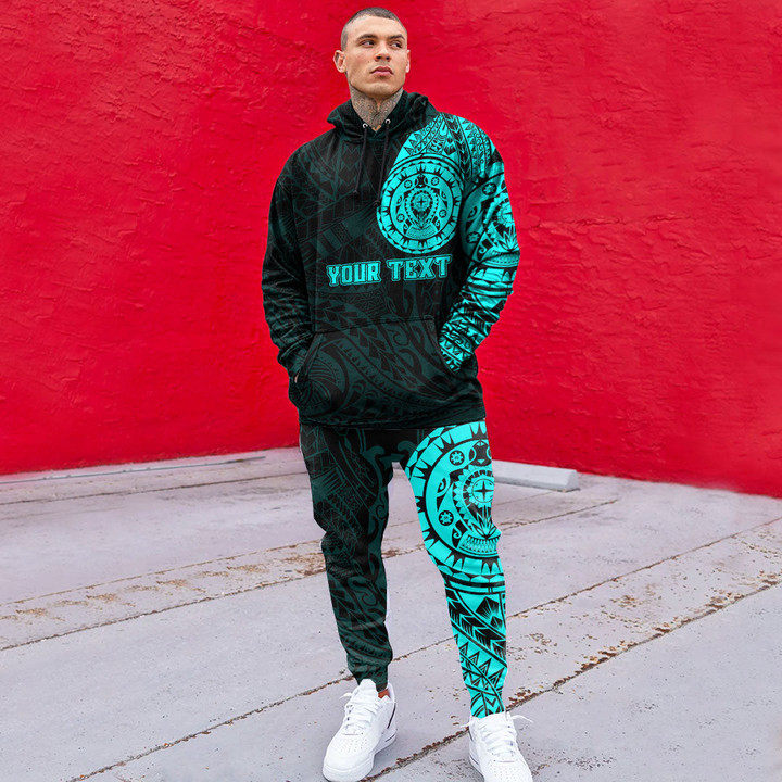 RugbyLife Clothing - (Custom) Polynesian Tattoo Style Turtle - Cyan Version Hoodie and Joggers Pant A7 | RugbyLife
