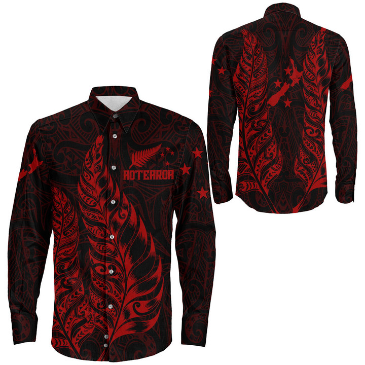 RugbyLife Clothing - New Zealand Aotearoa Maori Silver Fern New - Red Version Long Sleeve Button Shirt A7 | RugbyLife