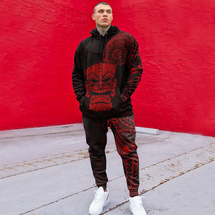 RugbyLife Clothing - Polynesian Tattoo Style Tiki - Red Version Hoodie and Joggers Pant A7 | RugbyLife