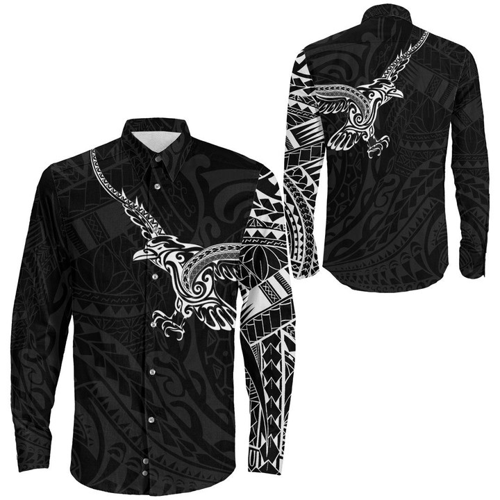 RugbyLife Clothing - Polynesian Tattoo Style Crow Long Sleeve Button Shirt A7 | RugbyLife