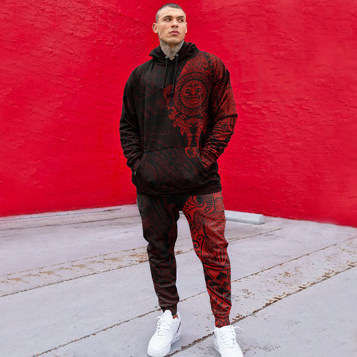 RugbyLife Clothing - Polynesian Tattoo Style Maori - Special Tattoo - Red Version Hoodie and Joggers Pant A7 | RugbyLife