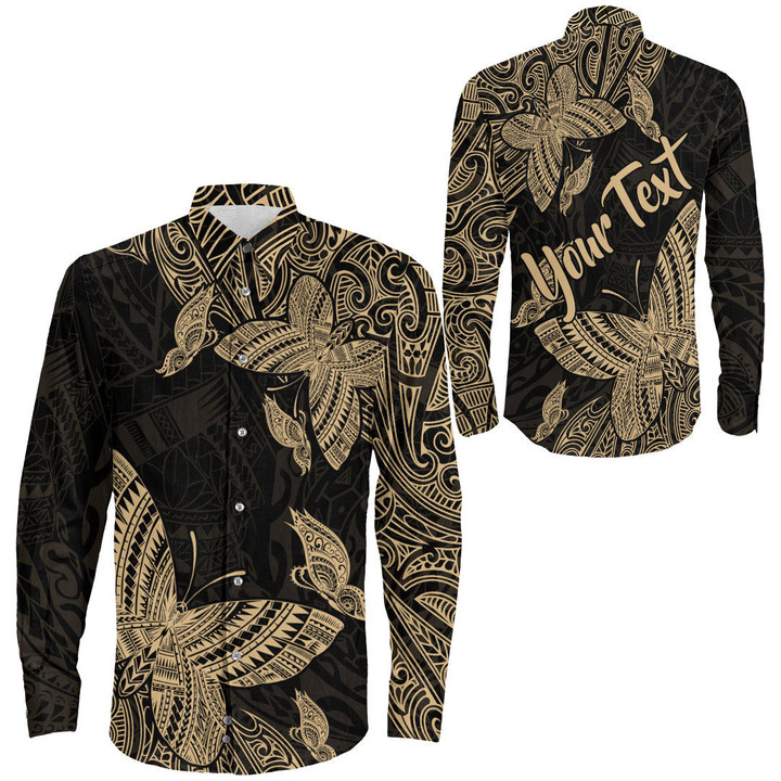 RugbyLife Clothing - (Custom) Polynesian Tattoo Style Butterfly Special Version - Gold Version Long Sleeve Button Shirt A7 | RugbyLife