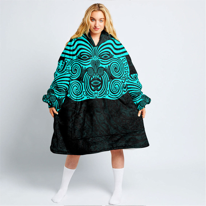 RugbyLife Clothing - Polynesian Tattoo Style Maori Traditional Mask - Cyan Version Snug Hoodie A7 | RugbyLife