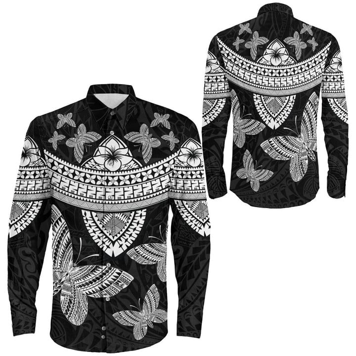 RugbyLife Clothing - Polynesian Tattoo Style Butterfly Long Sleeve Button Shirt A7 | RugbyLife