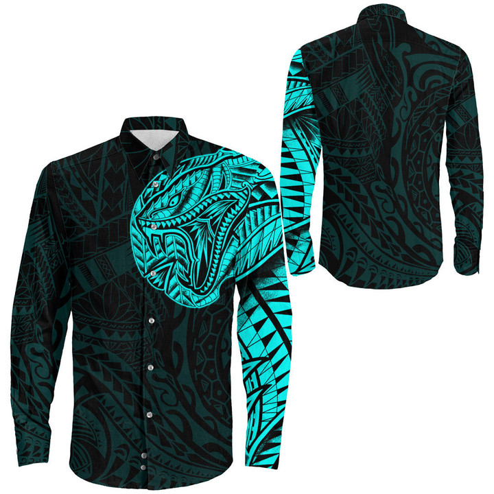 RugbyLife Clothing - Polynesian Tattoo Style Snake - Cyan Version Long Sleeve Button Shirt A7 | RugbyLife