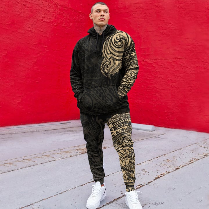 RugbyLife Clothing - Polynesian Tattoo Style - Gold Version Hoodie and Joggers Pant A7 | RugbyLife