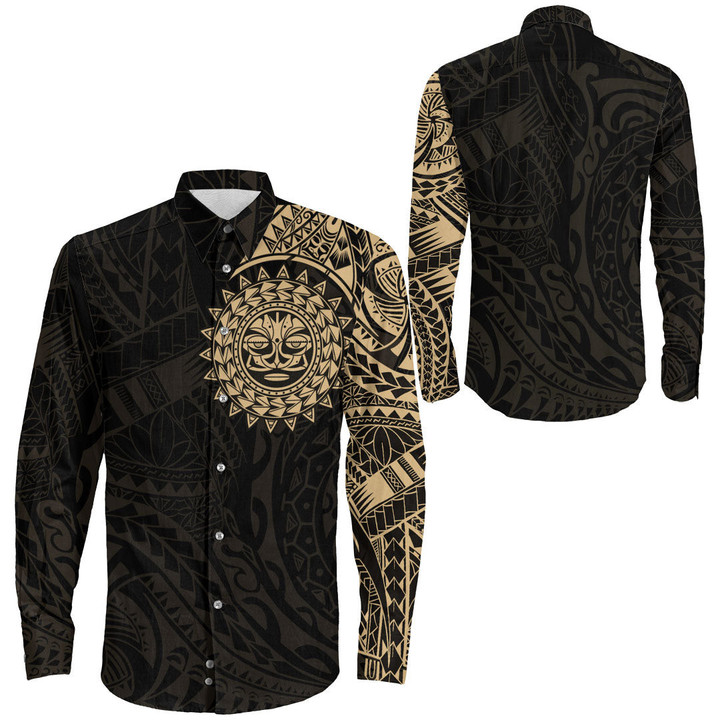 RugbyLife Clothing - Polynesian Sun Tattoo Style - Gold Version Long Sleeve Button Shirt A7 | RugbyLife