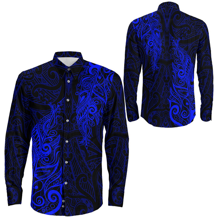 RugbyLife Clothing - Polynesian Tattoo Style Maori Silver Fern - Blue Version Long Sleeve Button Shirt A7 | RugbyLife