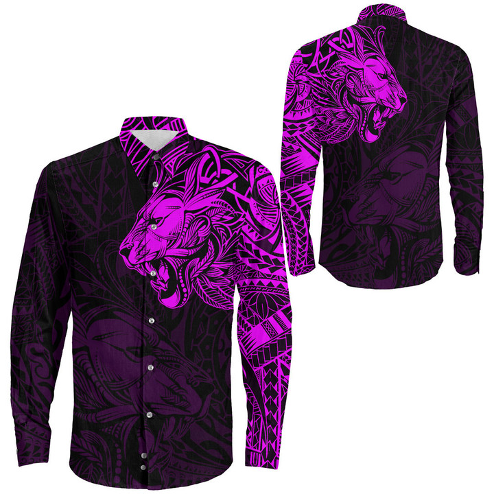 RugbyLife Clothing - Polynesian Tattoo Style Tribal Lion - Pink Version Long Sleeve Button Shirt A7 | RugbyLife