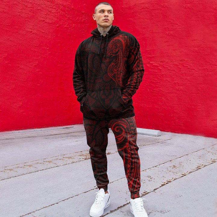 RugbyLife Clothing - Polynesian Tattoo Style Horse - Red Version Hoodie and Joggers Pant A7 | RugbyLife