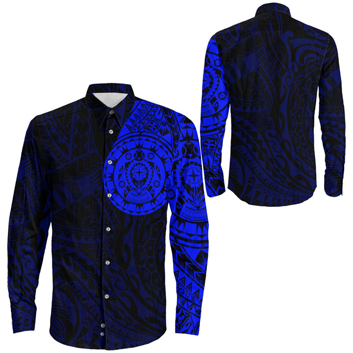 RugbyLife Clothing - Polynesian Tattoo Style Turtle - Blue Version Long Sleeve Button Shirt A7 | RugbyLife