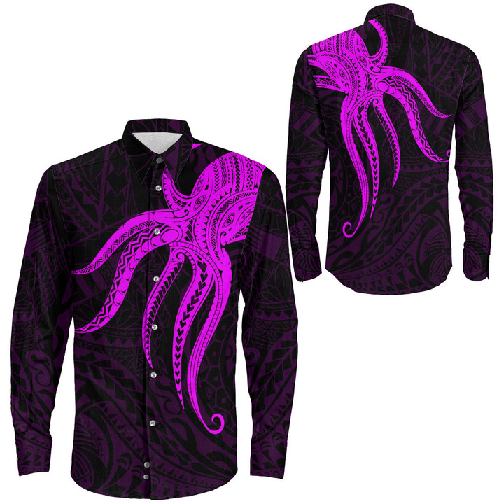 RugbyLife Clothing - Polynesian Tattoo Style Octopus Tattoo - Pink Version Long Sleeve Button Shirt A7 | RugbyLife
