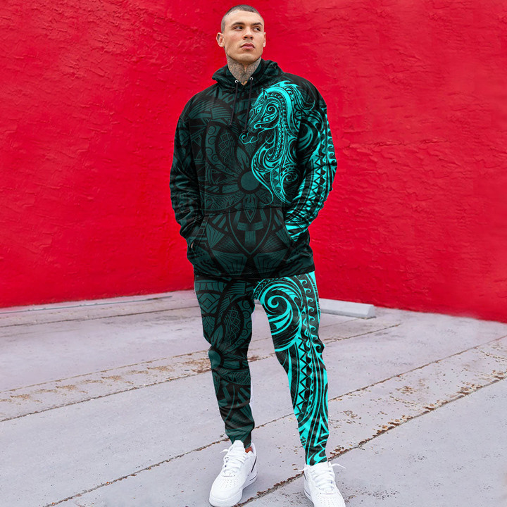 RugbyLife Clothing - Polynesian Tattoo Style Horse - Cyan Version Hoodie and Joggers Pant A7 | RugbyLife